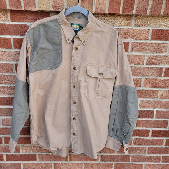 Cabela's Outdoor Gear Shooting Button Up Shirt Men's Size Large Tan & Green - Picture 1 of 7